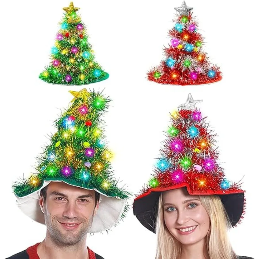 

Camlinbo 2 Pcs Christmas Hats, Tinsel Tree Santa Hat with 30 Colored LED Lights, 3 Lighting Modes, Xmas Party Costume Accessori