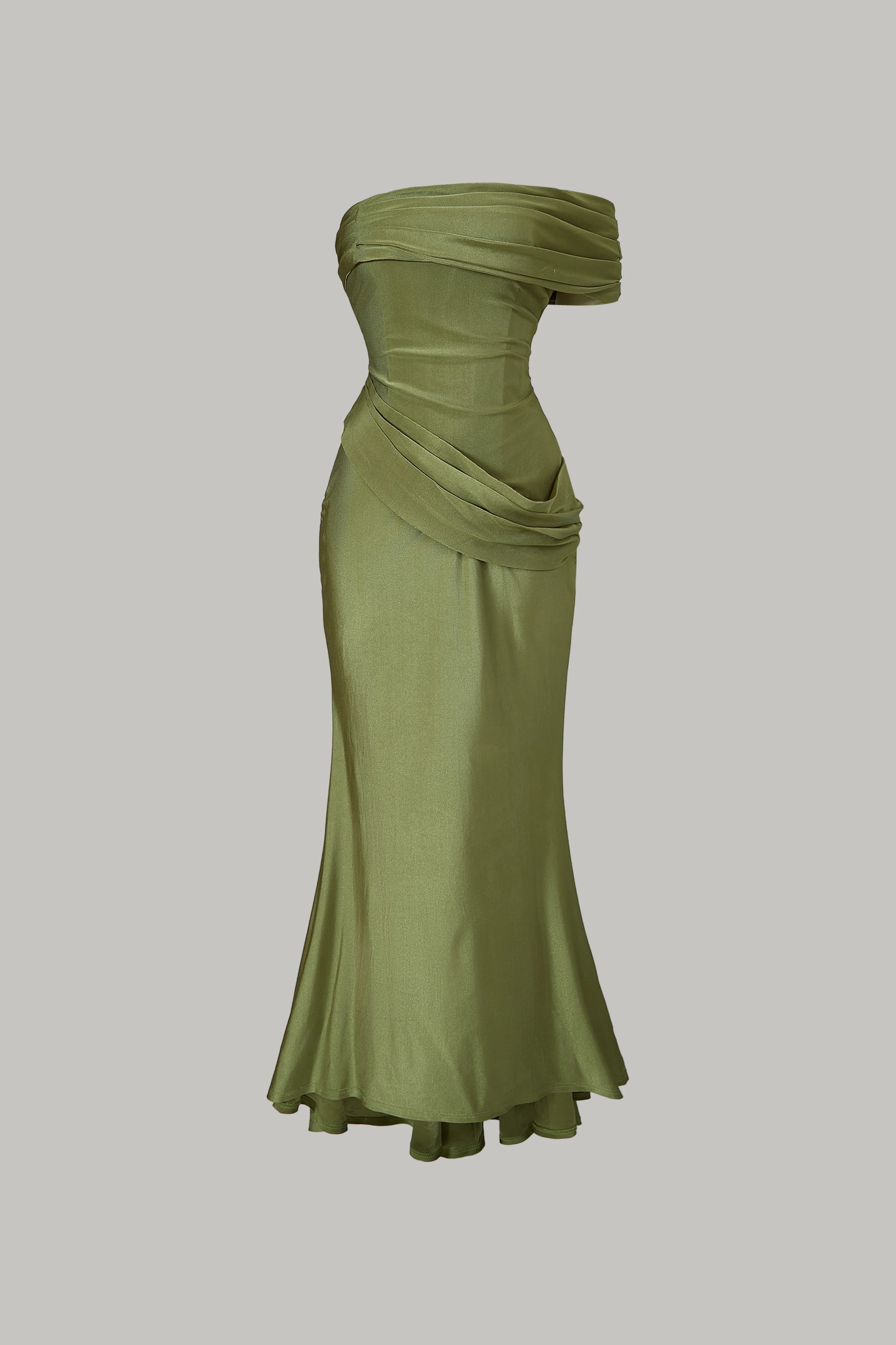 High-End French-Style Olive Green Off-The-Shoulder Gown, Strapless Ruched Satin-Like Fitted Mermaid Mid-Length Dress, Elegant Dress for Bridesmaids, Dinner Parties, and Dates