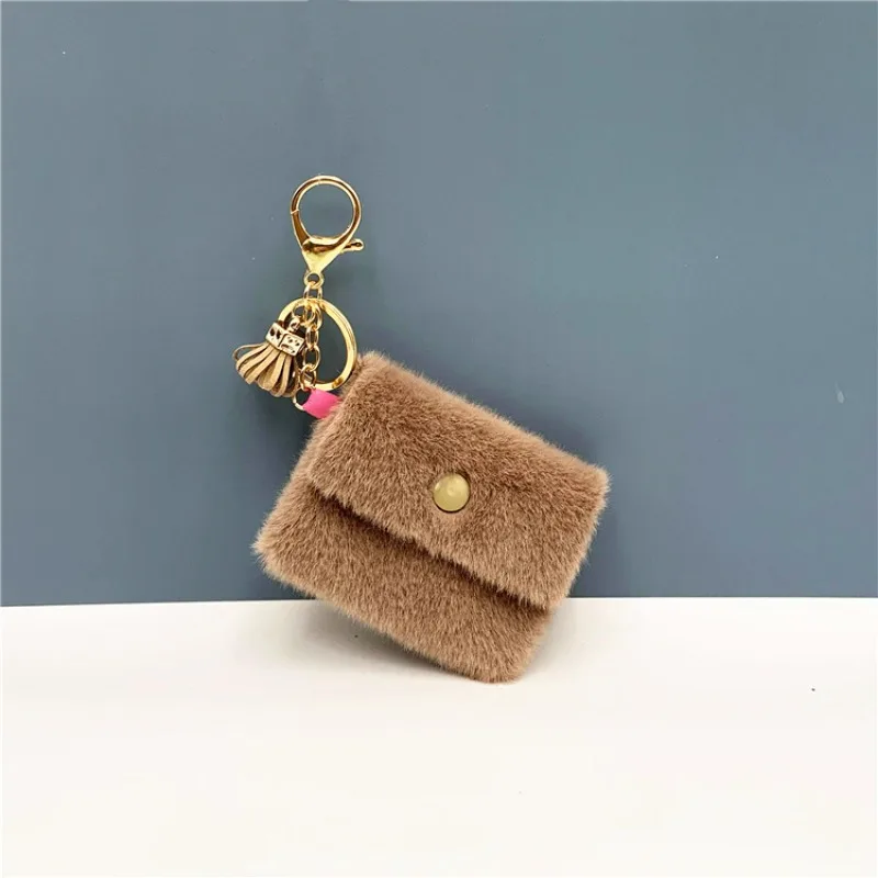 Mini Candy Color Handbag Tassel Charm Keychain Cute Girls Fluffy Fur Pompom Women Key Holder Bag Keyring Jewelry Gift Key Bag