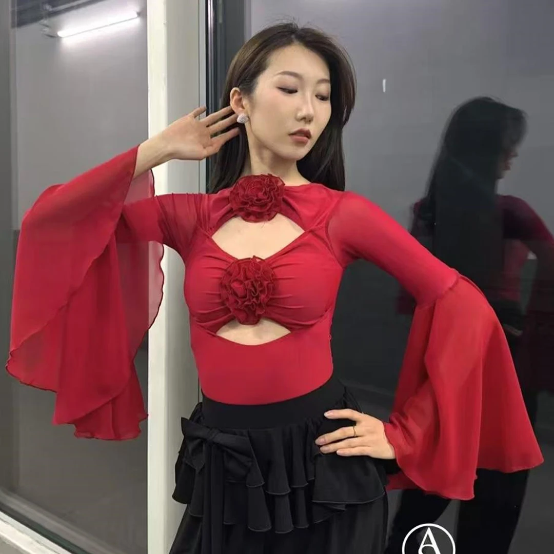 

Red Ballroom Dance Tops Women Flared Sleeves Flower Cutout Bodysuit Adult Waltz Dance Performance Costume Latin Dance Top L14294