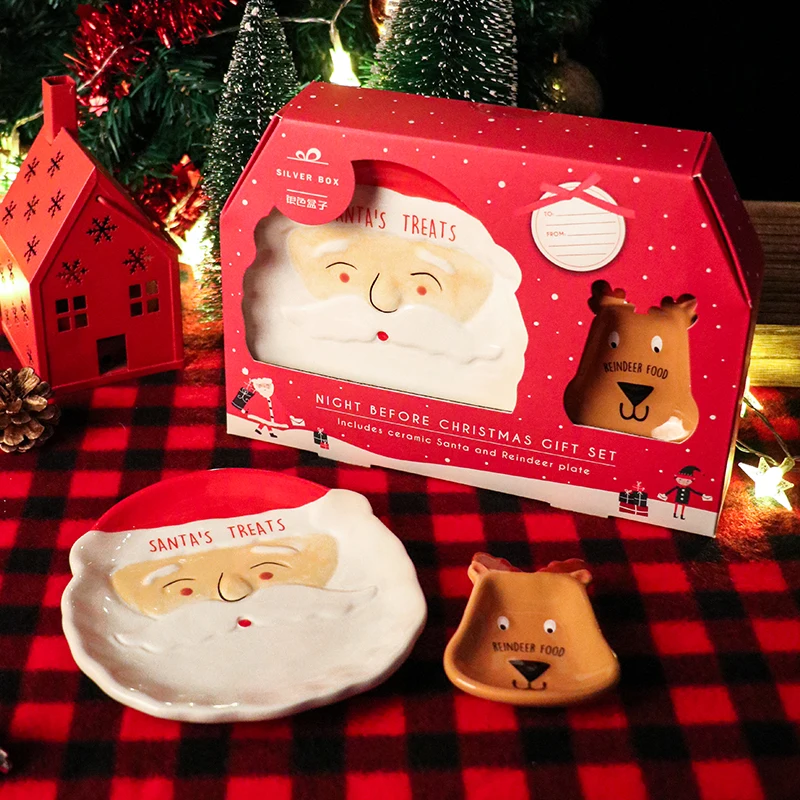 

Christmas Gift Set Night Before Christmas 3D Relief Hand-Painted Ceramic Treats Plates With Reindeer Santa For Holiday Season