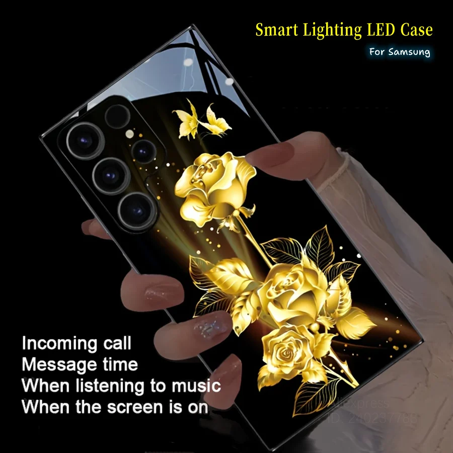 

Golden Rose Pattern Dazzling Smart Voice-Controlled Luminous Phone Case For S25 Ultra S24 S22 S23 Plus S21 S20 FE A36 LED Conque
