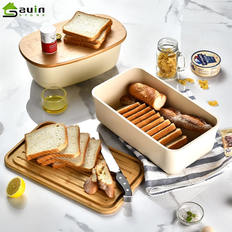 

1Pcs Bread Storage Box Storage Container Bread Box Dessert Snack Breadbasket Food Container with Bamboo Lid for Home Kitchen