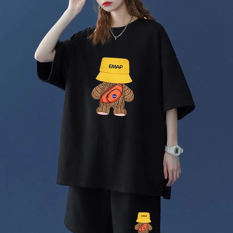 Kawaii Summer Women Oversized Two Piece Short Sets Korean Female Short Sleeve Tops Fashion Casual Cartoon Sports Casual Suits