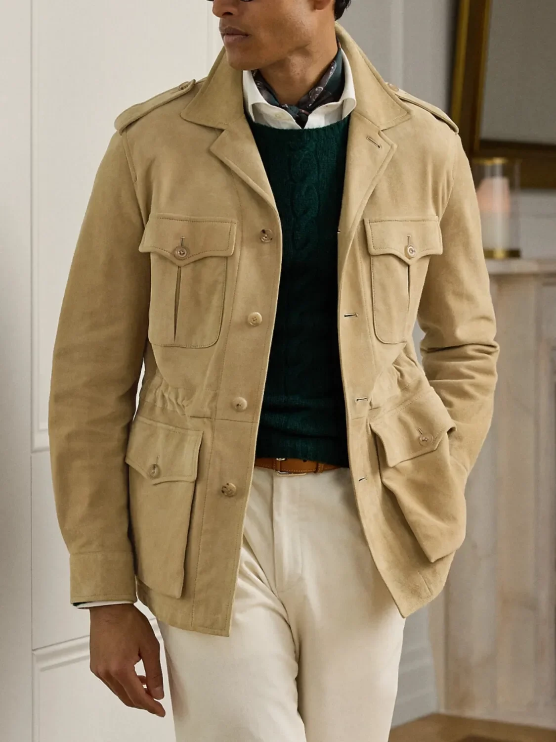 

Luxury Suede Hunting Jacket for Men Versatile Business Style Senior Coat Lapel Design Italian Inspired Trench Coat