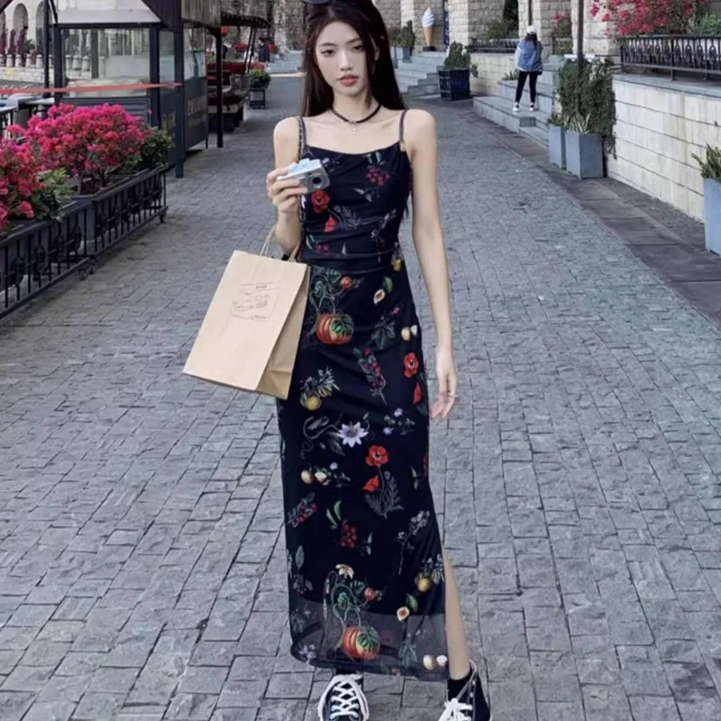 

Women Summer Trendy Slip Long Dress Lady Elegant Split Side Slit Floral Dress Female Glam Square Neck Date Dress