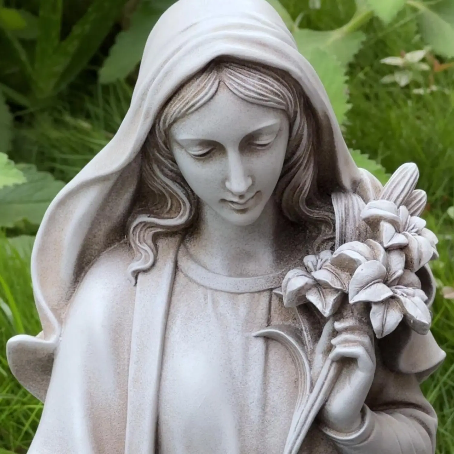 Virgin Mary Statue Outdoor, 24 Inches Blessed Mother Mary Garden Statue, Rustic Saint Mary Holding Lilies Outdoor Sculpture for