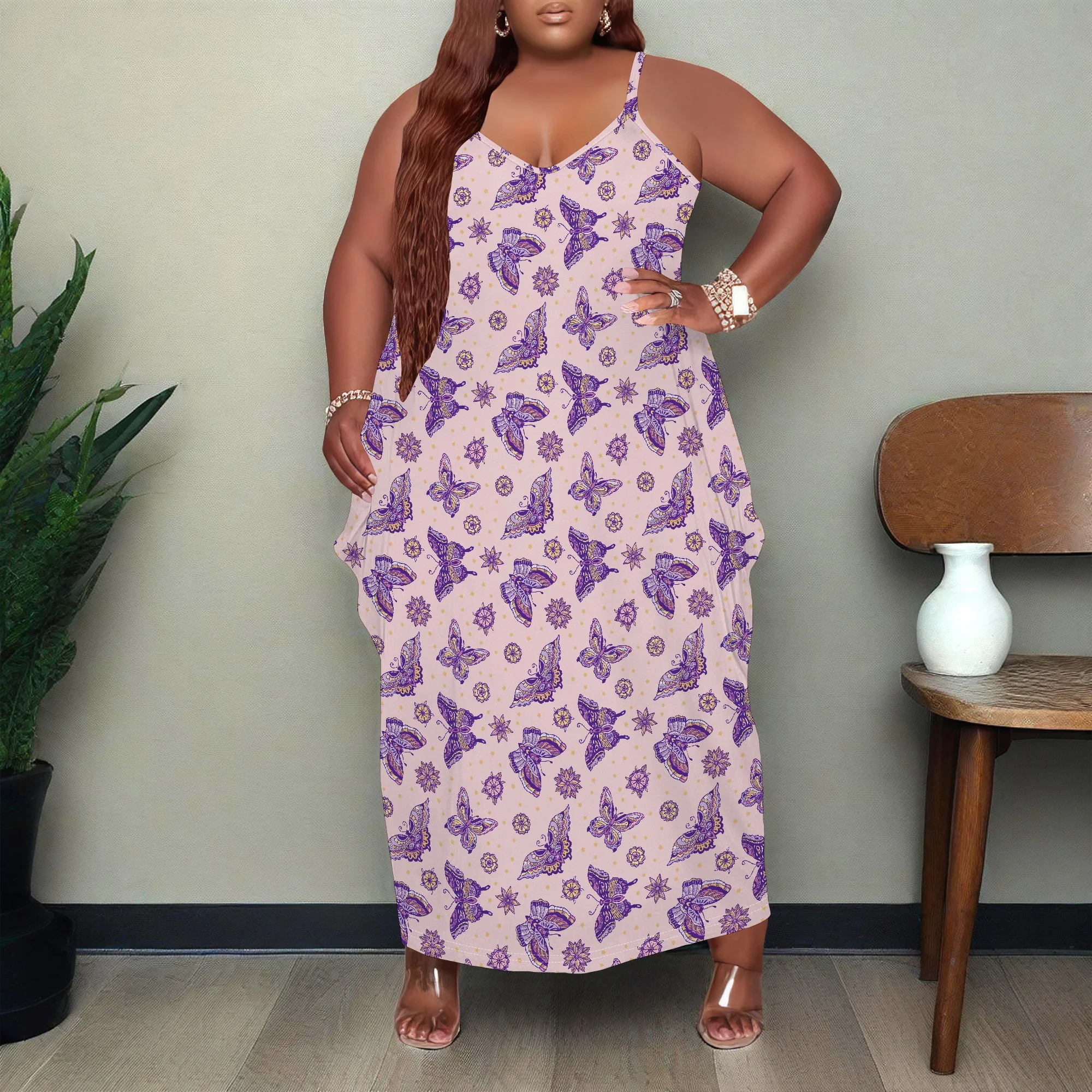 여성용 플러스 사이즈 드레스 포켓이 있는 루즈한 홀터 맥시 드레스 통기성 캐주얼 나비 프린트 XL-6XL