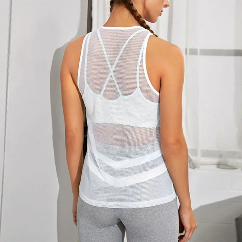 Women\'s Mesh Yoga Shirt Sexy Short Sleeve T-Shirt Sport Top Blouse Cover Up Quick Dry Gym Clothes Running Fitness Tank Sportwear