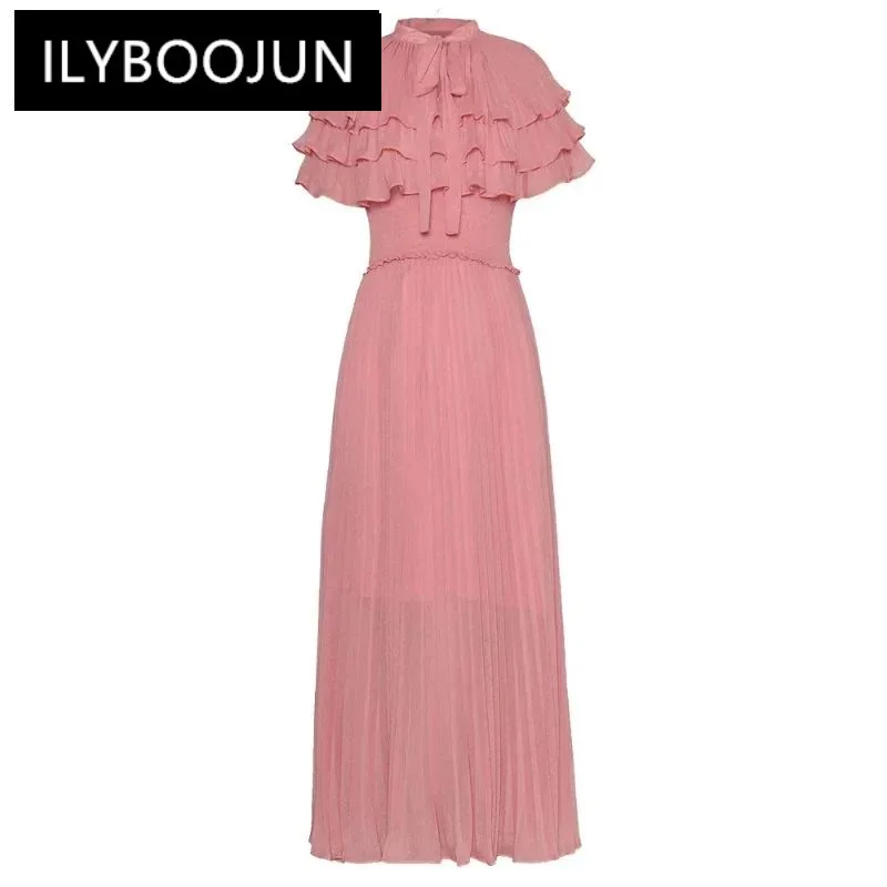 

ILYBOOJUN 2024 Summer Vacation Fashion Runway Dress Women Strap O Neck Ruffled Shine Princess Style Big Swing Maxi Dress