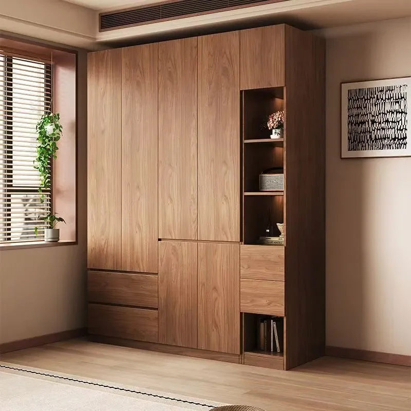 New Solid Wood Bedroom Wardrobe Multi Functional Storage Cabinet One Door Floor To Ceiling Handleless Segmented Design