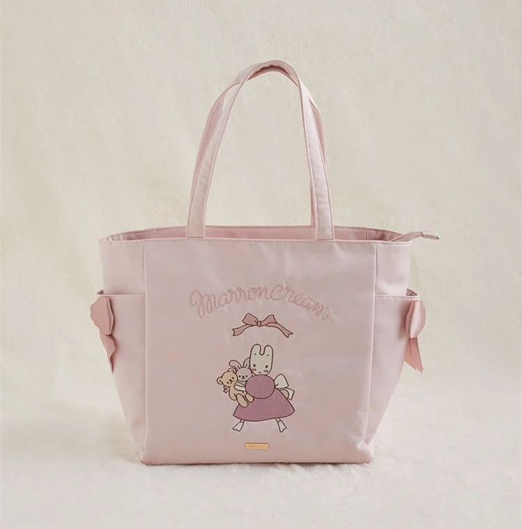 Marron Cream Tote Bags for Women Double Bow Tie Embroidery Large Handbag Ladies Cute Kawaii Shoulder Bag