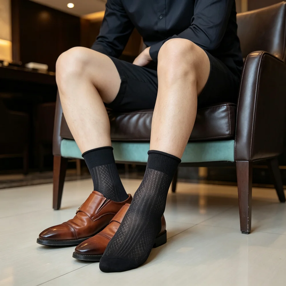 Men's Thin Dress Socks Breathable Diamond Mesh Mid-Calf Business Formal Suit Socks Silky Soft for Office Wedding Party