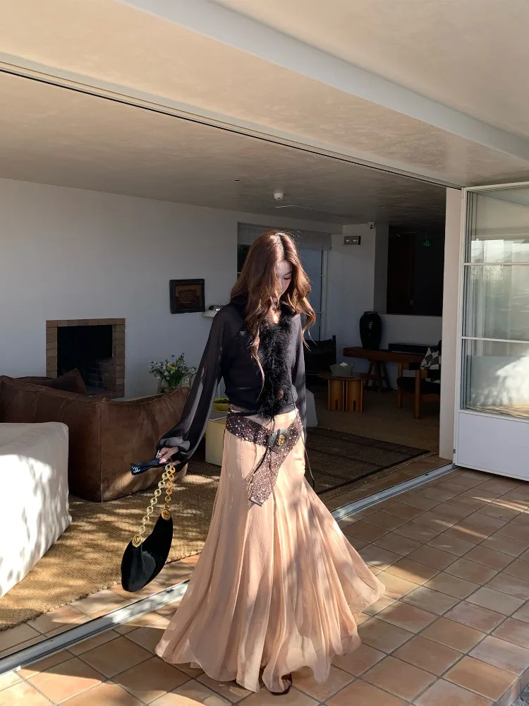 【MAR】Women's Early Spring Retro Long Maxi Skirt High Waist A Line Flowy Skirt