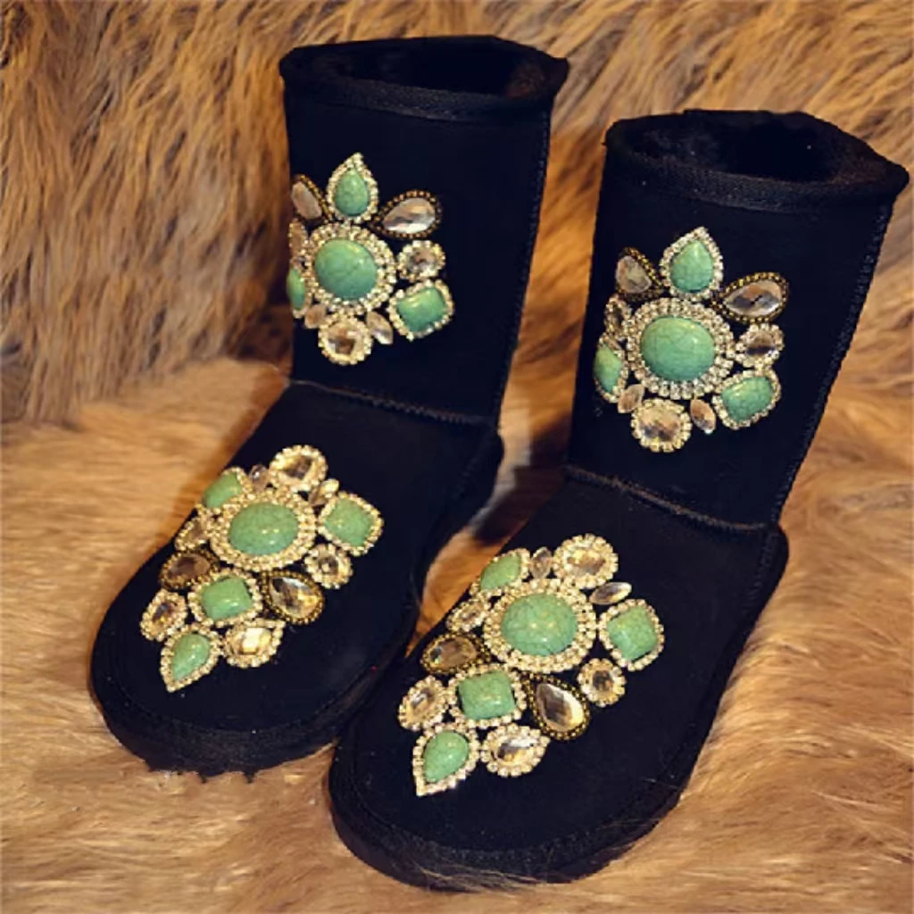 Hand custom fur integrated design super flash diamond luxury mid-tube snow boots women's large size cotton shoes 35-44