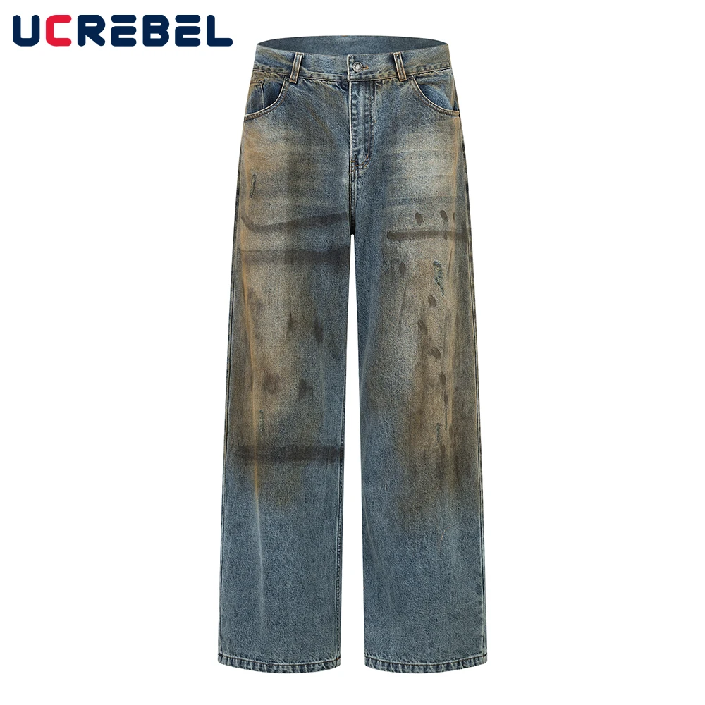 

High Street Dirty Wash Jeans Mens Retro Washed Distressed Straight Loose Wide Leg Denim Pants Men