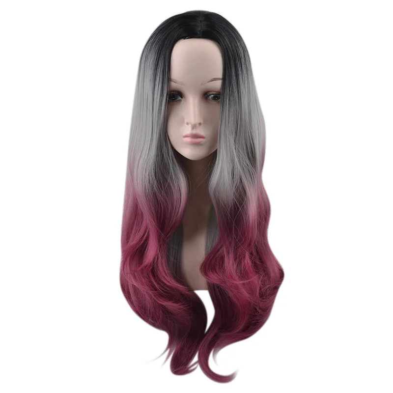 Peruka damska europejska i amerykańska, długa, kręcona, z dużymi falami, dwukolorowa, gradientowa, z włókna syntetycznego, z czepeczkiem.