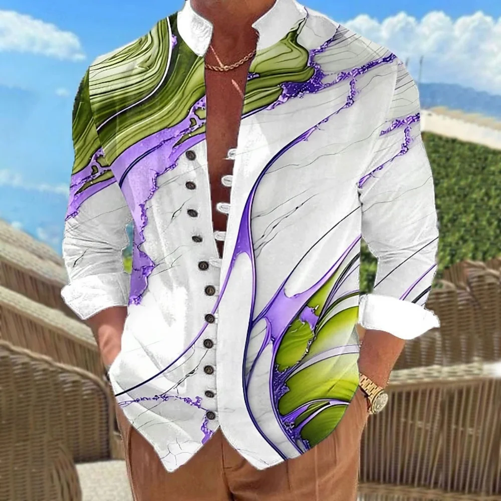 Men's standing collar long sleeved shirt, green purple marble fluid 3D button shirt, abstract vortex liquid pattern shirt