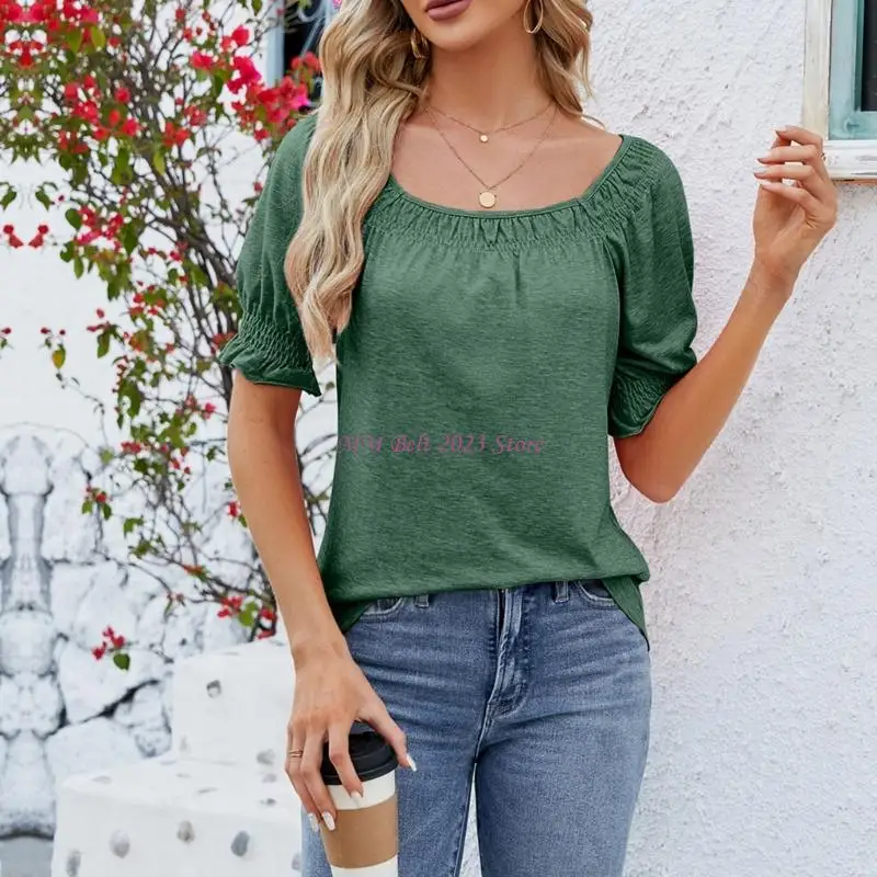 49ME Camisetas mujer, informal, con volantes, cuello cuadrado