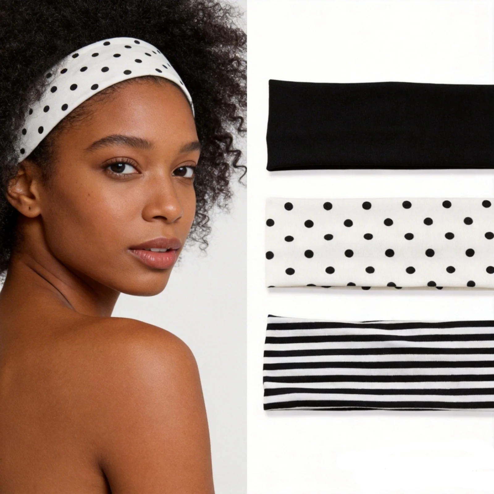 3Pcs Black & White Polka Dot Striped Elastic Headbands For Women Soft Stretchy Hair Accessory For Yoga Fitness Travel Daily Life