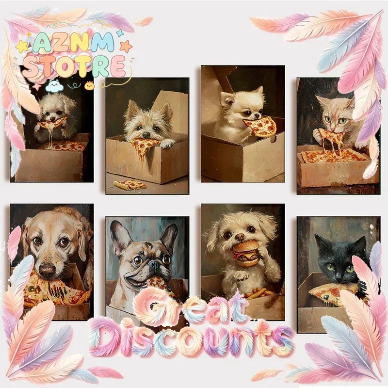 Funny Cute Cat Puppy Eating Pizza Burger Vintage Animal Poster Print Retro Art Living Room Home Decoration Canvas Painting