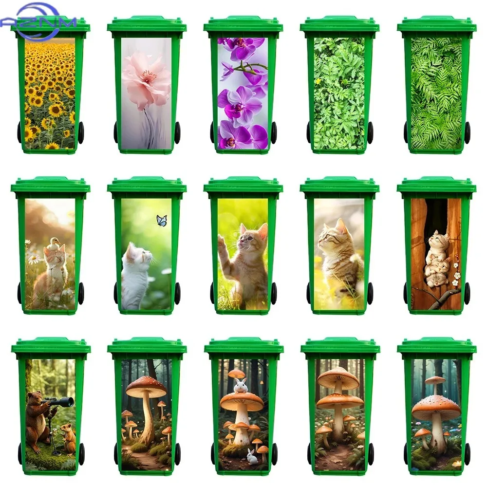 Cute Kitten Fairytale Mushrooms Trash Can Sticker Removable Waterproof Plants Flowers Mural Decal for Outdoor Garbage Bin Deco
