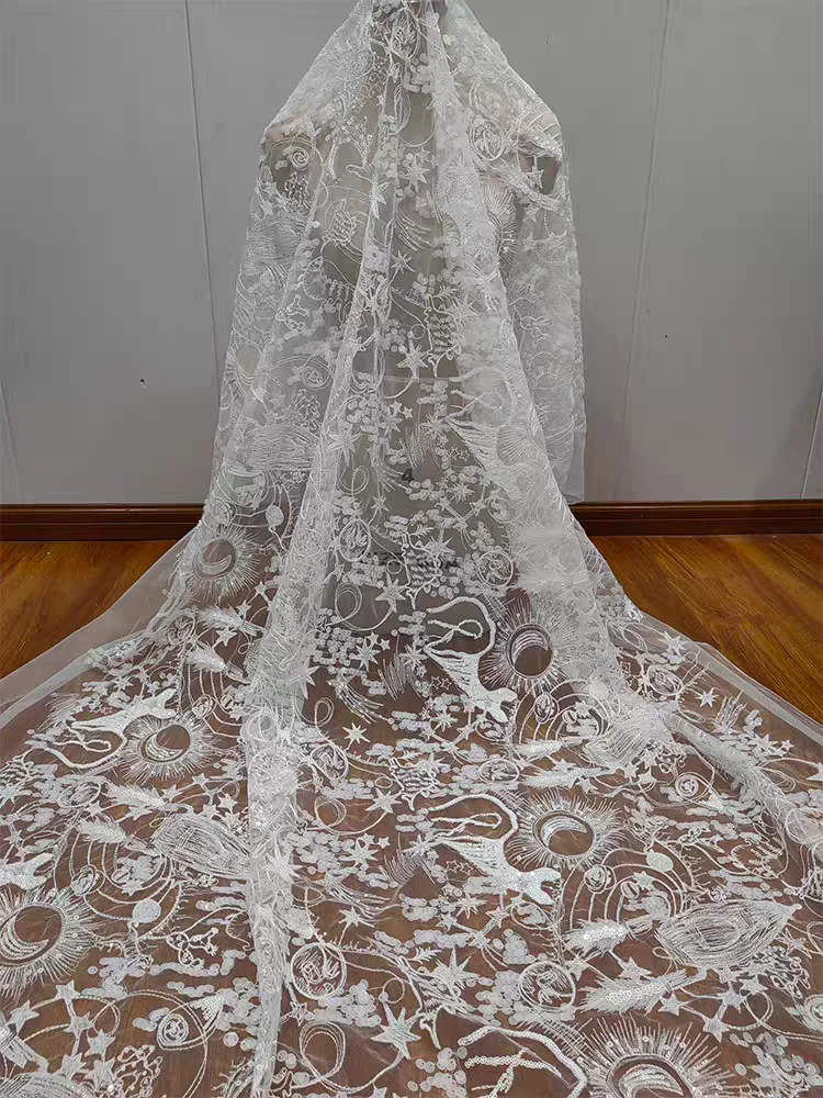 

New Style Ivory French Cute Embroidered Fabric Sparkling Sequins Irregular Lace Wedding Dress DIY Tulle