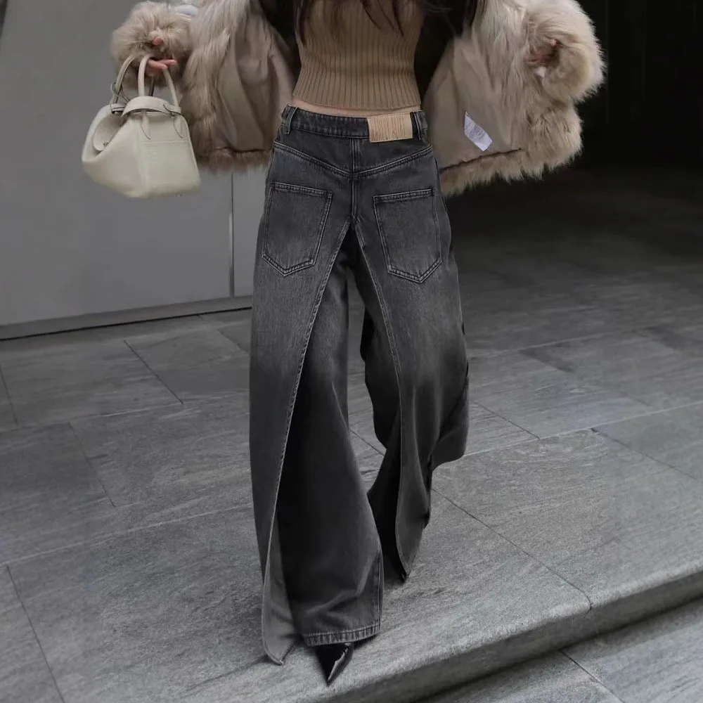 Women Y2K Street Creative Denim Jeans Arrival Layering Solid Color Wide Leg Long Denim Trousers Loose Fit Ladies Casual Pants