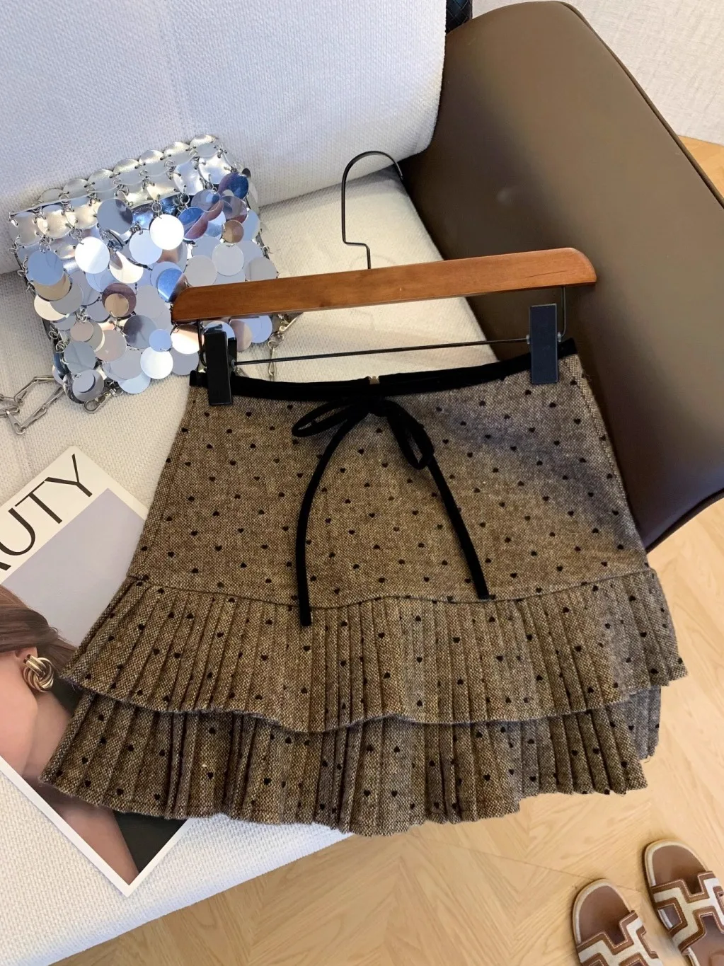 Gray Polka Dot A-Line  Skirt Women's plus Size Spring New Style Pleated Half-length Korean Style High Waist City Commute