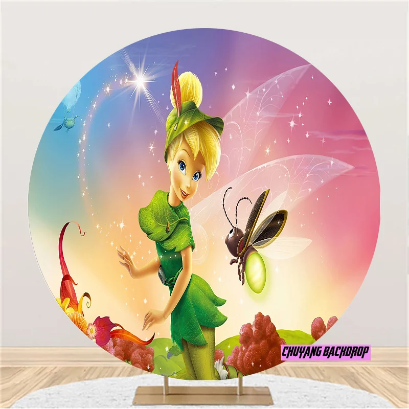 Cartoon Cute Flower Fairy Tinkerbell Backdrop Round Cover Girls Birthday Party Photography Backdrop Studio Elastic Decor Banner