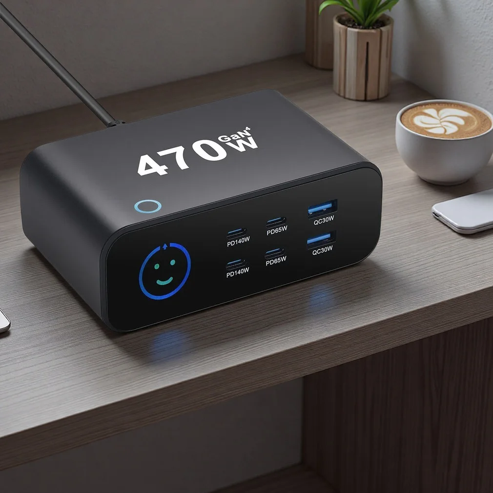 New Multi-Port 470W GaN Desktop Fast Charger TFT Digital Display USB-C PD 6-Port 4C2A Charging for Phone & Tablets Dropshipping