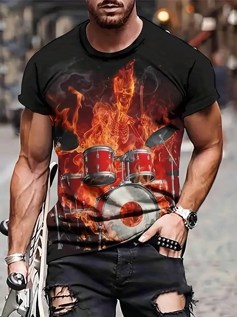 Men's Drum Print T-Shirt Tops Casual Short Sleeve Crew Neck Tee Shirts Full Print Musical Instruments Tshirts For Men