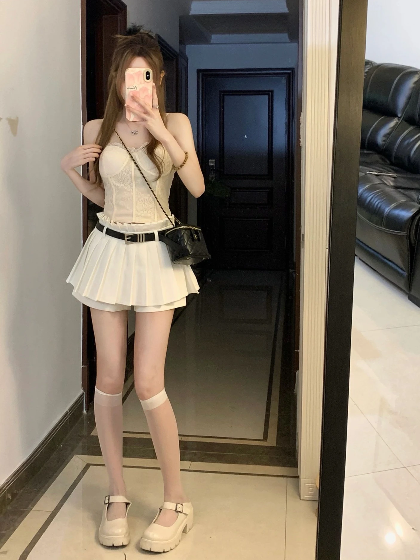 High Waist A-Line  Skirt Women's Summer Pure Desire Sexy White Pleated Shorts Anti-Light Walking Korean Style Commute