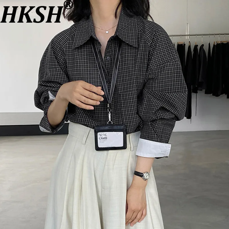

HKSH Весна Осень Новая женская клетчатая рубашка с отложным воротником Однобортный с длинным рукавом Элегантный модный офисный женский топ Y2K HK12272