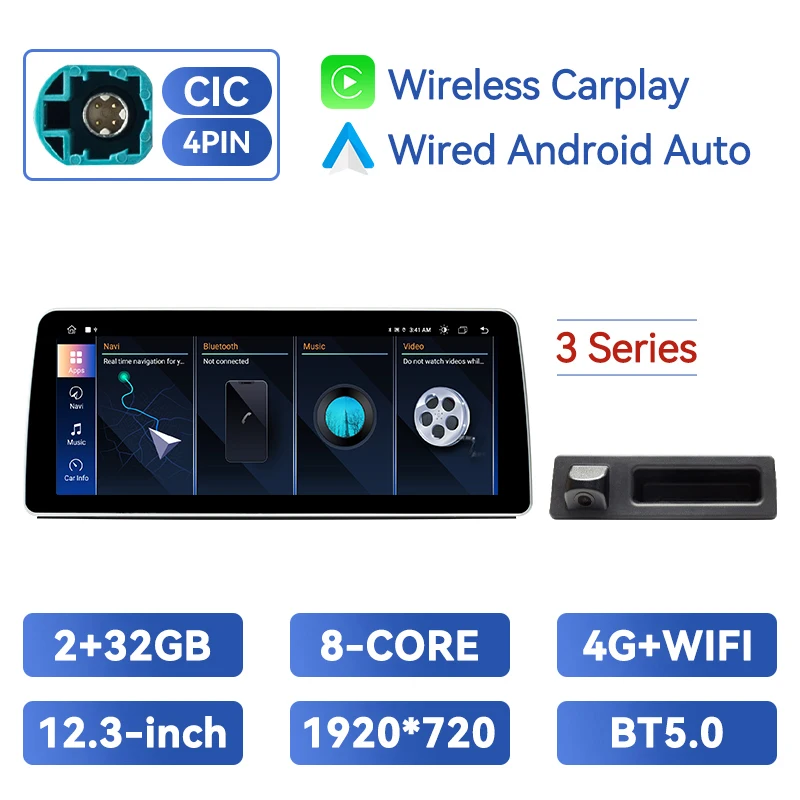 Draadloze Carplay 1920*720P 12.3Inch Android 14 Auto Multimedia Speler Voor Bmw 3/5Serie E60 E61 E90 E91 E92 E93 Ccc Cic 8Core Dsp