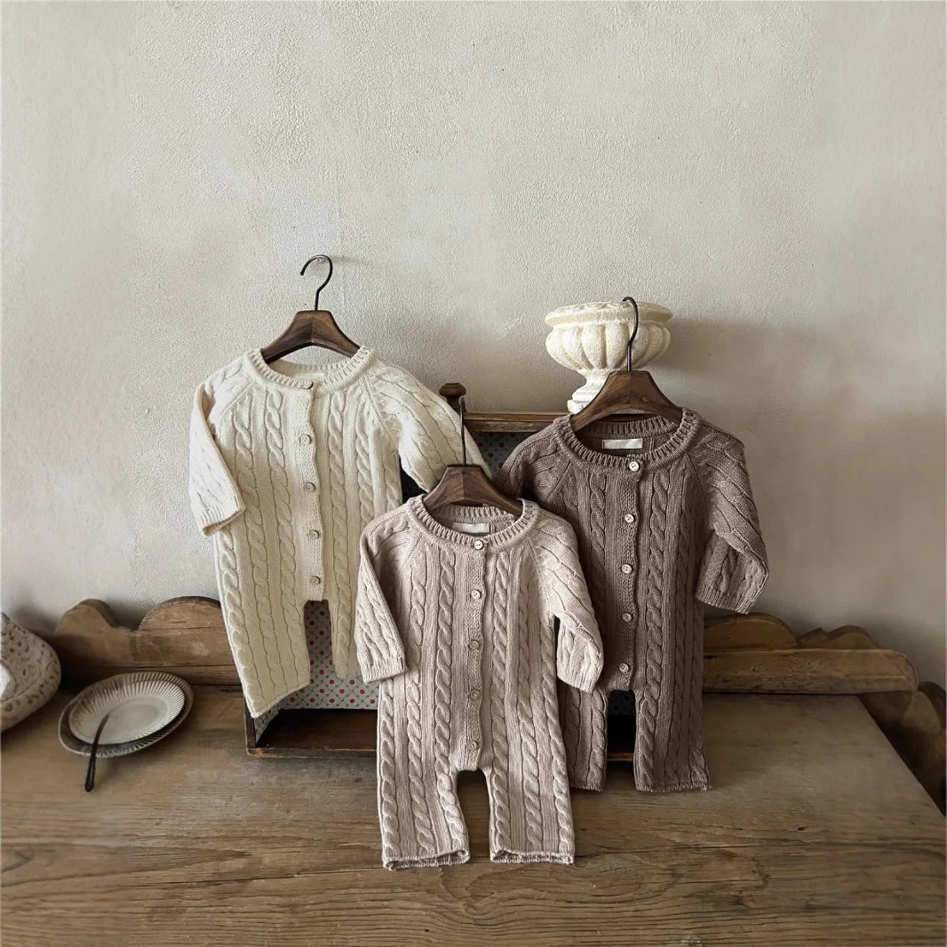 BELLBELL 2026 Autumn Winter Baby Girls Knitted Rompers 6-24M Kids Girls Jumpsuits+hat Newborn Girls Long Sleeve Warm Bodysuit