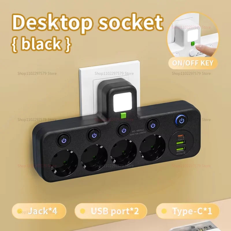 Regleta con enchufe europeo, tomas de CA, enchufe multiap sin cable de extensión, interruptor de control eléctrico independiente, adaptador de filtro de red