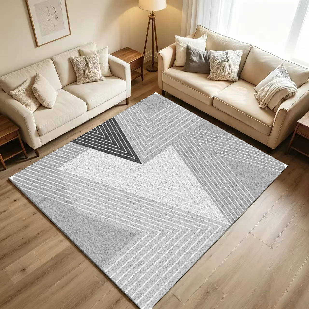 Modern Abstract Chevron Area Rug Gray White Layered Striped Geometric Floor Carpet for Living Room Bedroom Home Decor