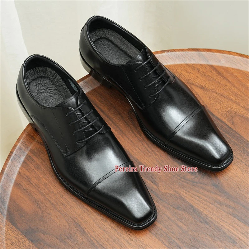 

New Genuine Leather Derby Shoes British Style Square Toe Lace-Up Handmade Business Dress Wedding Groom Men's Shoes Large Size