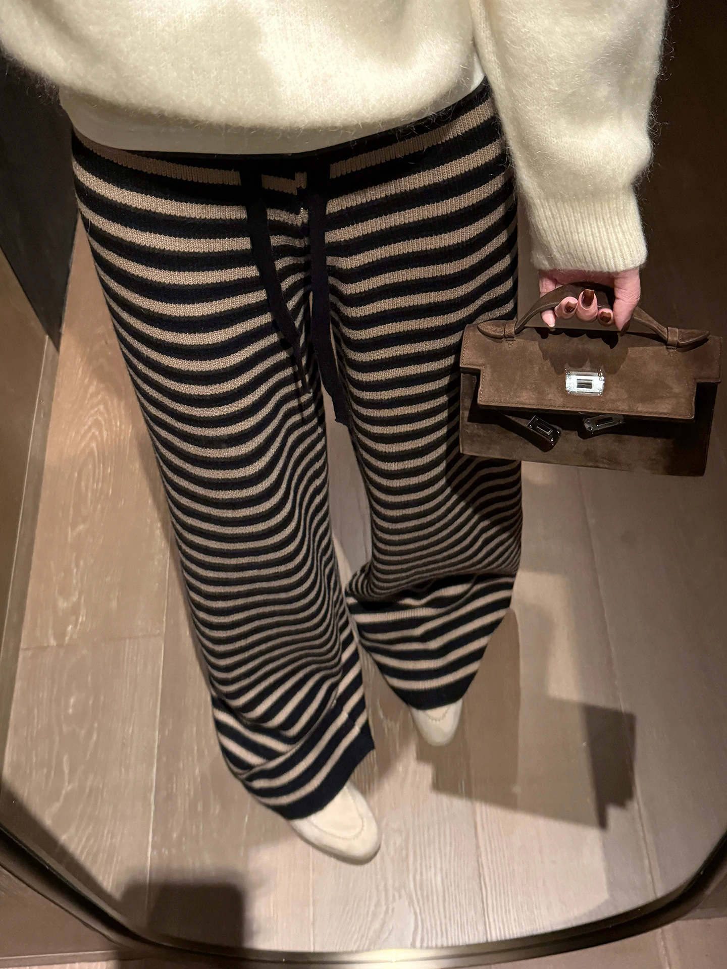 

Удобные вязаные прямые повседневные брюки для женщин с полосатым узором, эластичным поясом и завязками, осенняя модная женская одежда