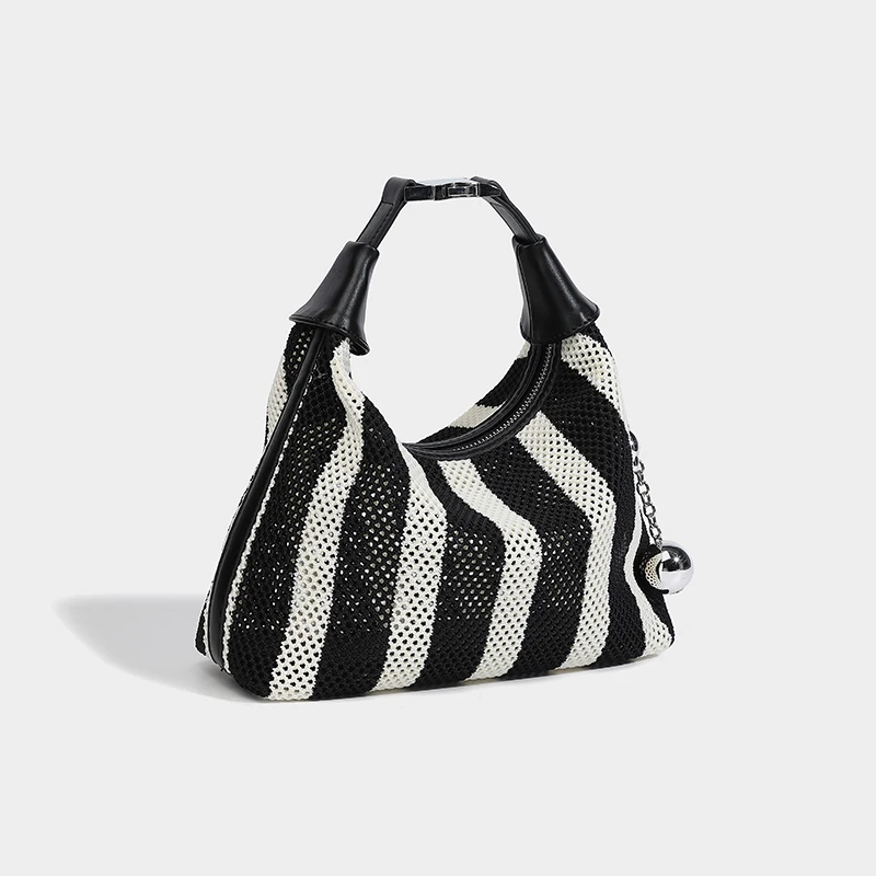 Black And White Striped Portable Lunch Box Bag Fashionable And Versatile Hollow Tote Bag Casual And Simple Armpit Bag Trendy Bag