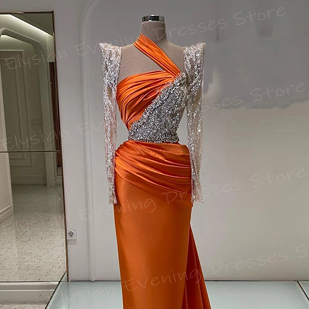 Fashionable Modest Orange Women\'s Mermaid Pretty Evening Dresses Long Sleeve Formal Party Prom Gowns Beaded Pleated فساتين سهرة