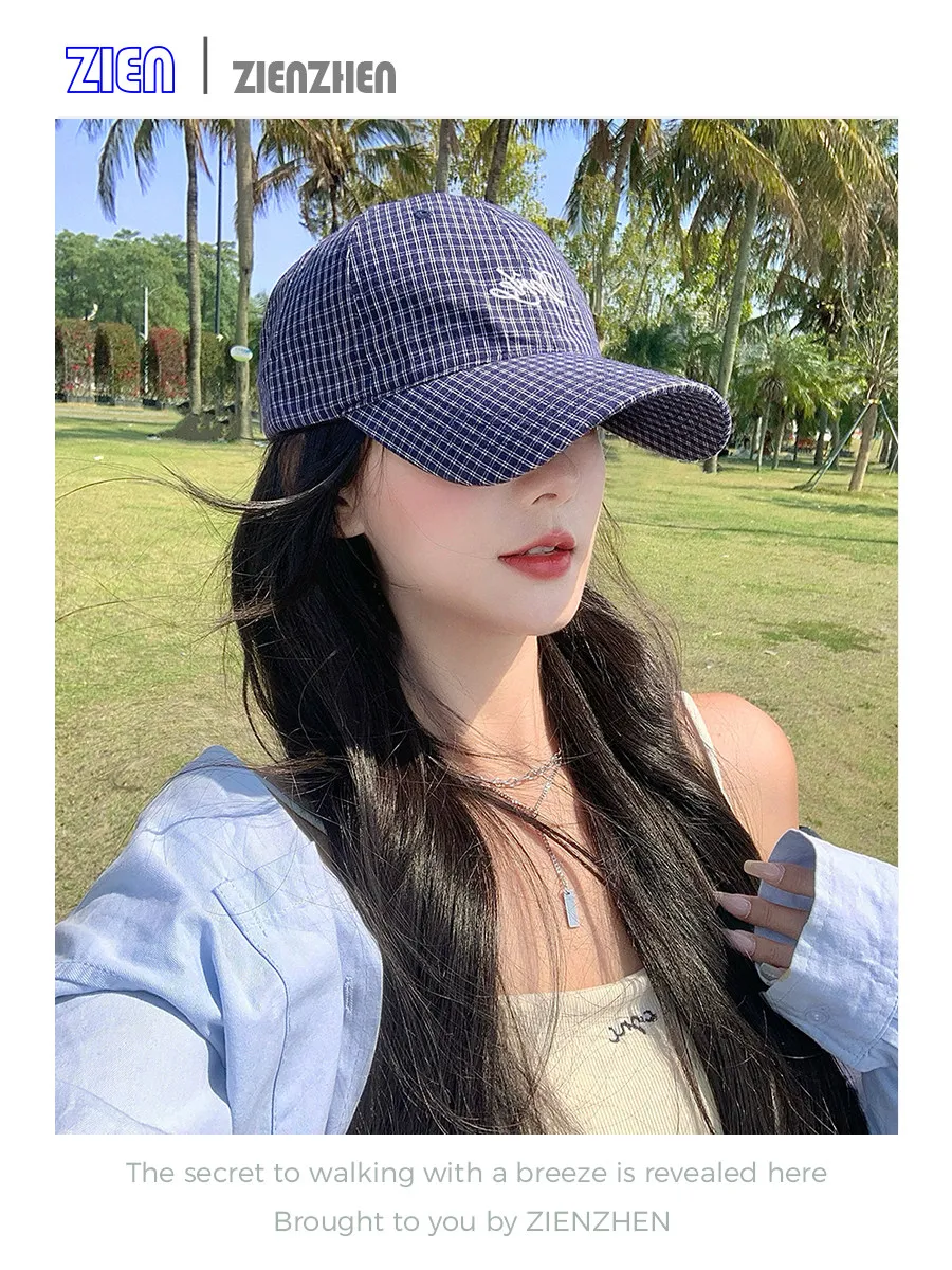 Streetwear Grid Plaid Letter Embroidered Baseball Cap Unisex Adjustable Breathable Sun Hat for Men Women Street Daily Wear
