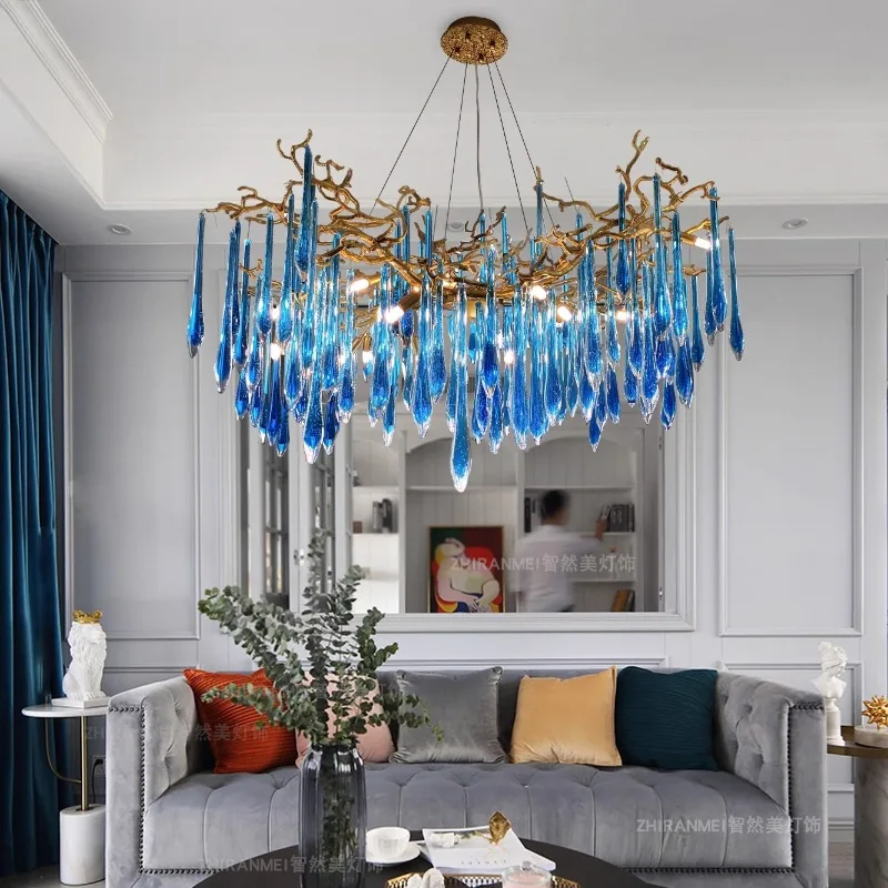 Nordic Luxury Blue Crystal Ceiling Chandeliers LED Lights Water Droplet Post-modern Designer Foyer Restaurant High-end Hanglamps