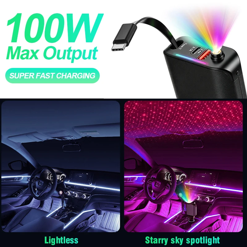 100W Charger with Roof Starlight Fast Charging PD 30W Type-C Retractable Cable & 3 Charging Ports Phone Charger Car Accessories