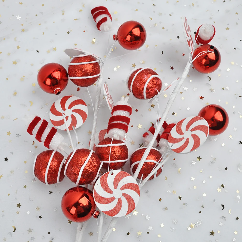 

Set of 6 Christmas Candy Bar and Ball Decorative Picks for Holiday Tree and Mantel Sturdy Iron Plastic Fabric Design
