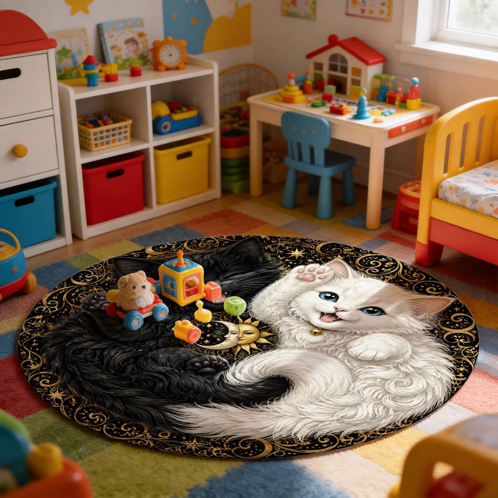 Cute Black and White Cat Pair Round Area Rug for Living Room Pet Lovers Home Decor Gift