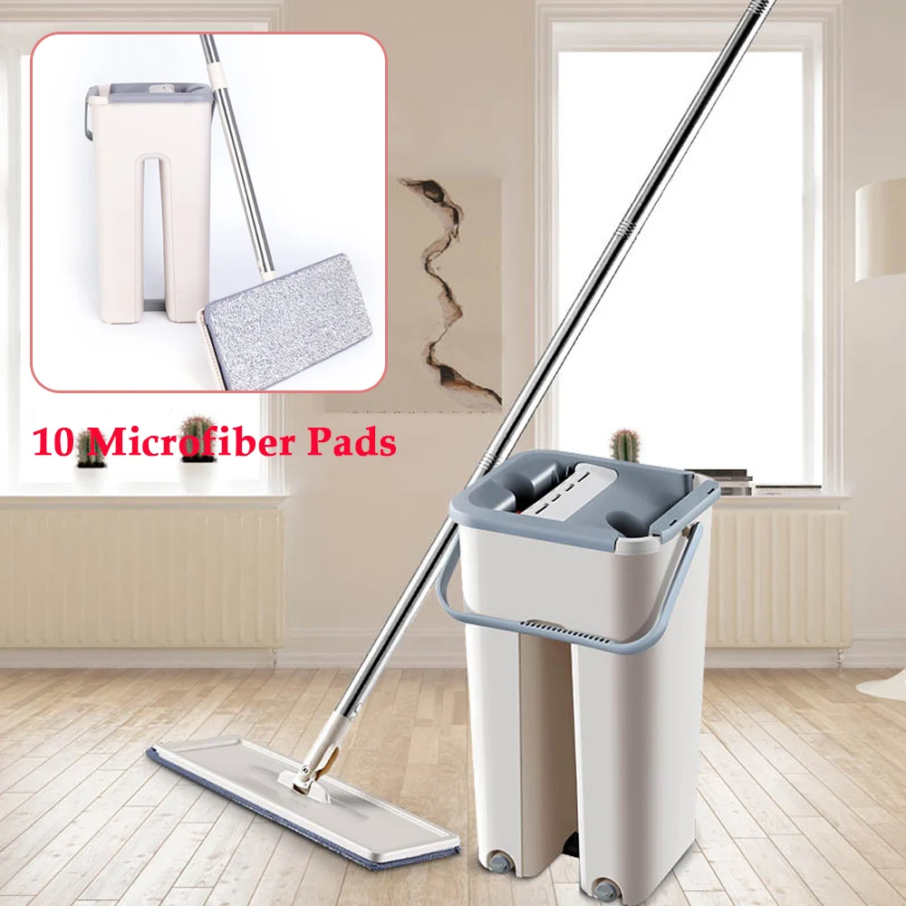 Flat Squeeze Mop Flat Floor Mop Set w/Bucket+10 Kit Microfiber Pad 360° Rotation Mop Wiper Wet or Dry Usage Household Cleaning