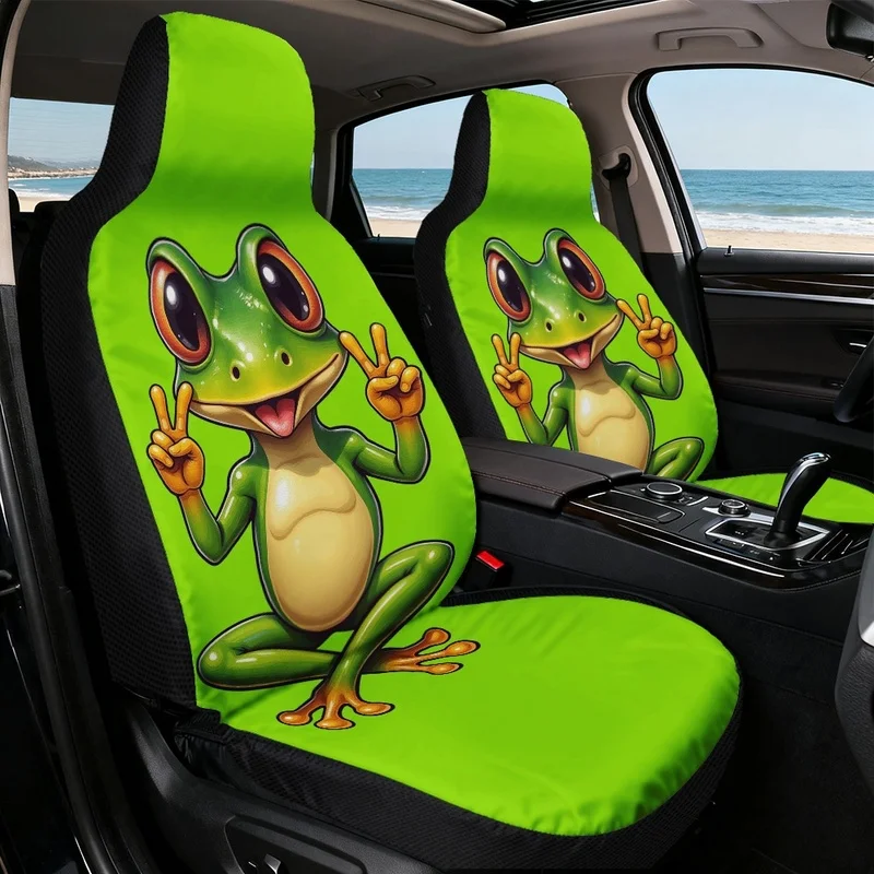 2D Flat Printing/2pcs Auto Seat Covers Universal Fit/Happy Frog Peace Signs Style/Soft and Comfortable/Washable in Machine
