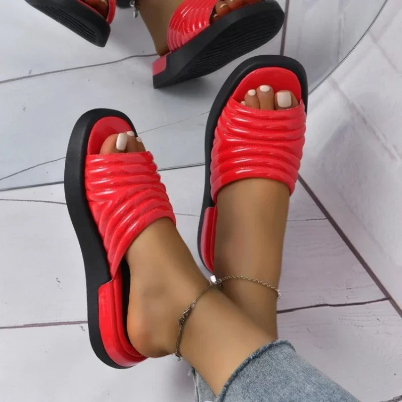 

New Women's Slippers Fashion Design Wedge Leather Fish Mouth Flip Flop Outdoor Summer Party Simple Low Rubber Women Sandals